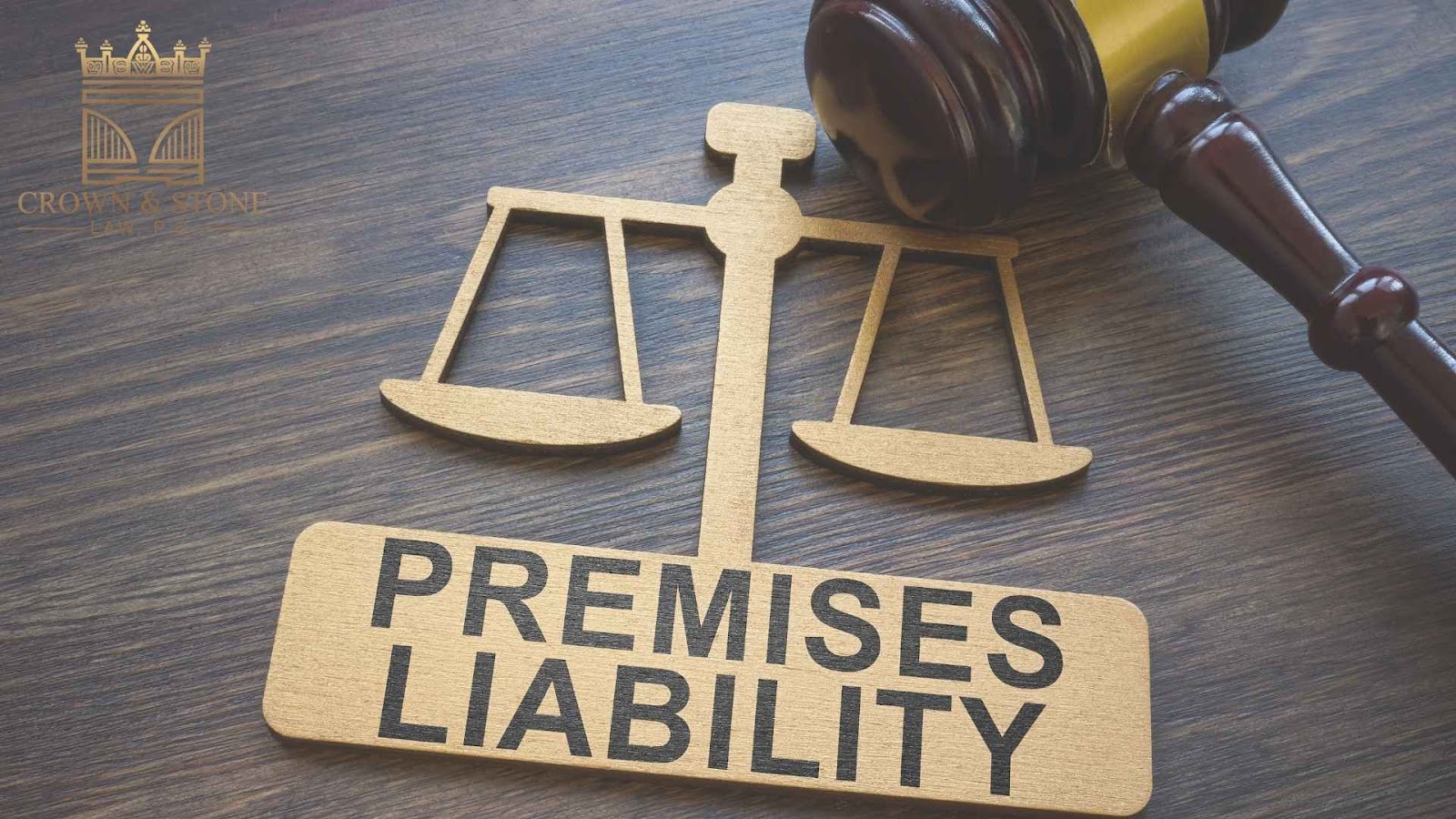 Premises liability sign with gavel on table.
