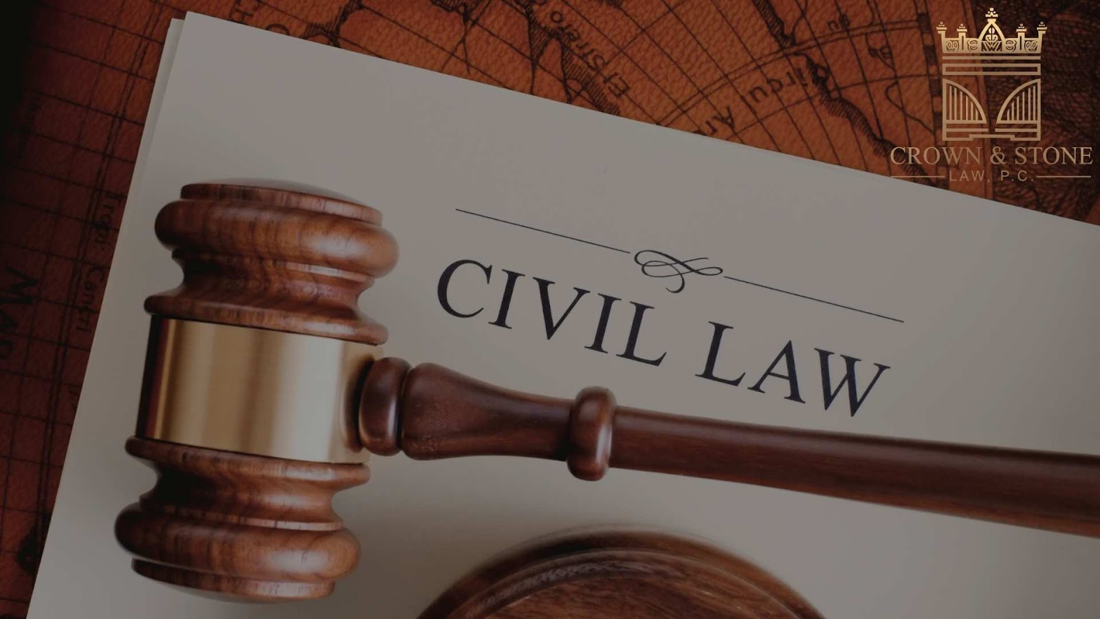 Gavel on civil law document and map background.