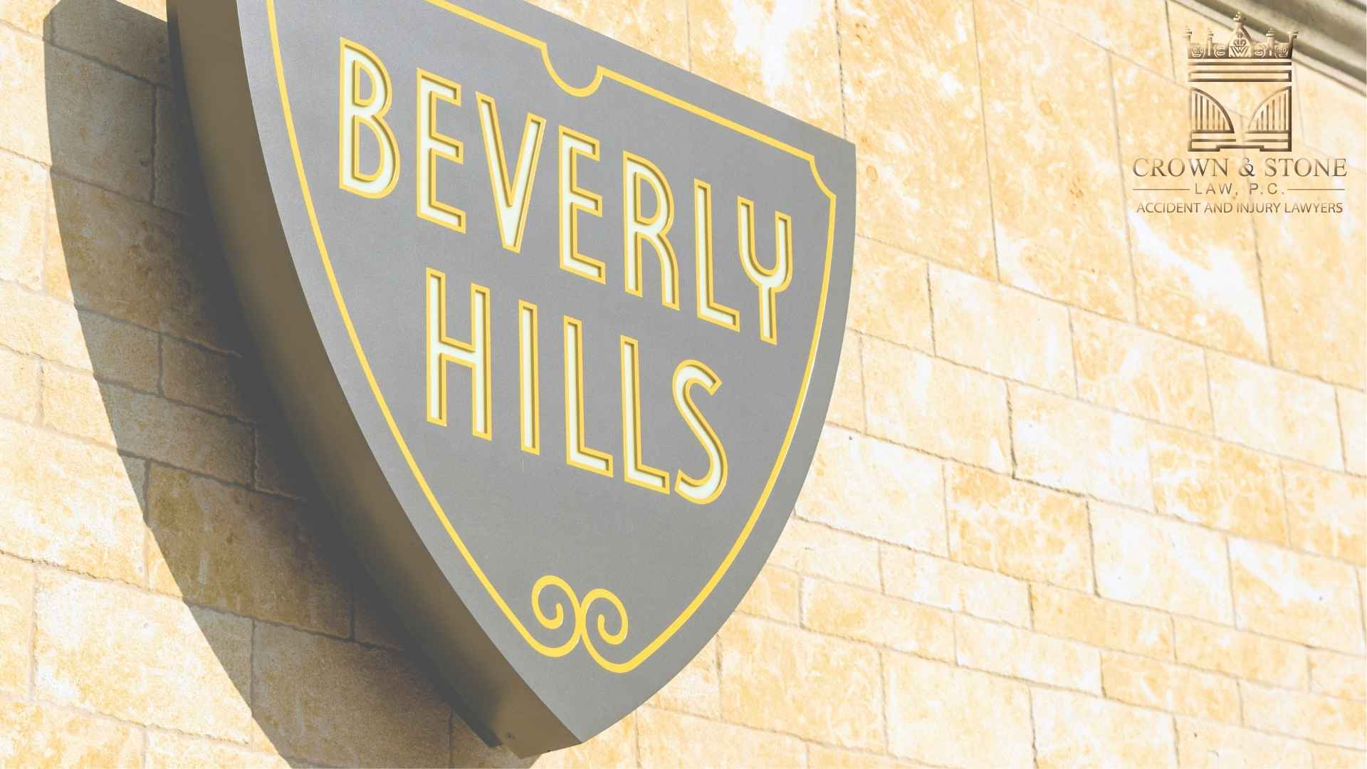 A triangular black plaque hangs on a yellow bricked wall with yellow lettering of "BEVERLY HILL" where there is a spike of rideshare services and accidents.