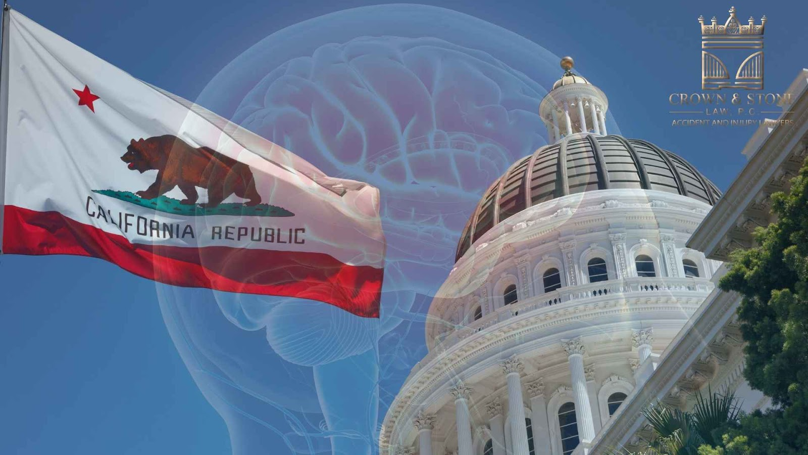 California flag and capitol building with brain scan overlay in the background.