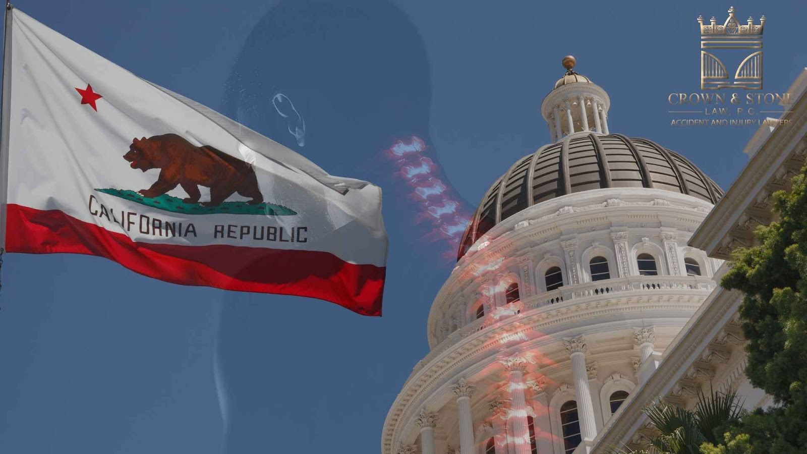 California flag and capitol building with silouhette of injured spinal cord in the background.