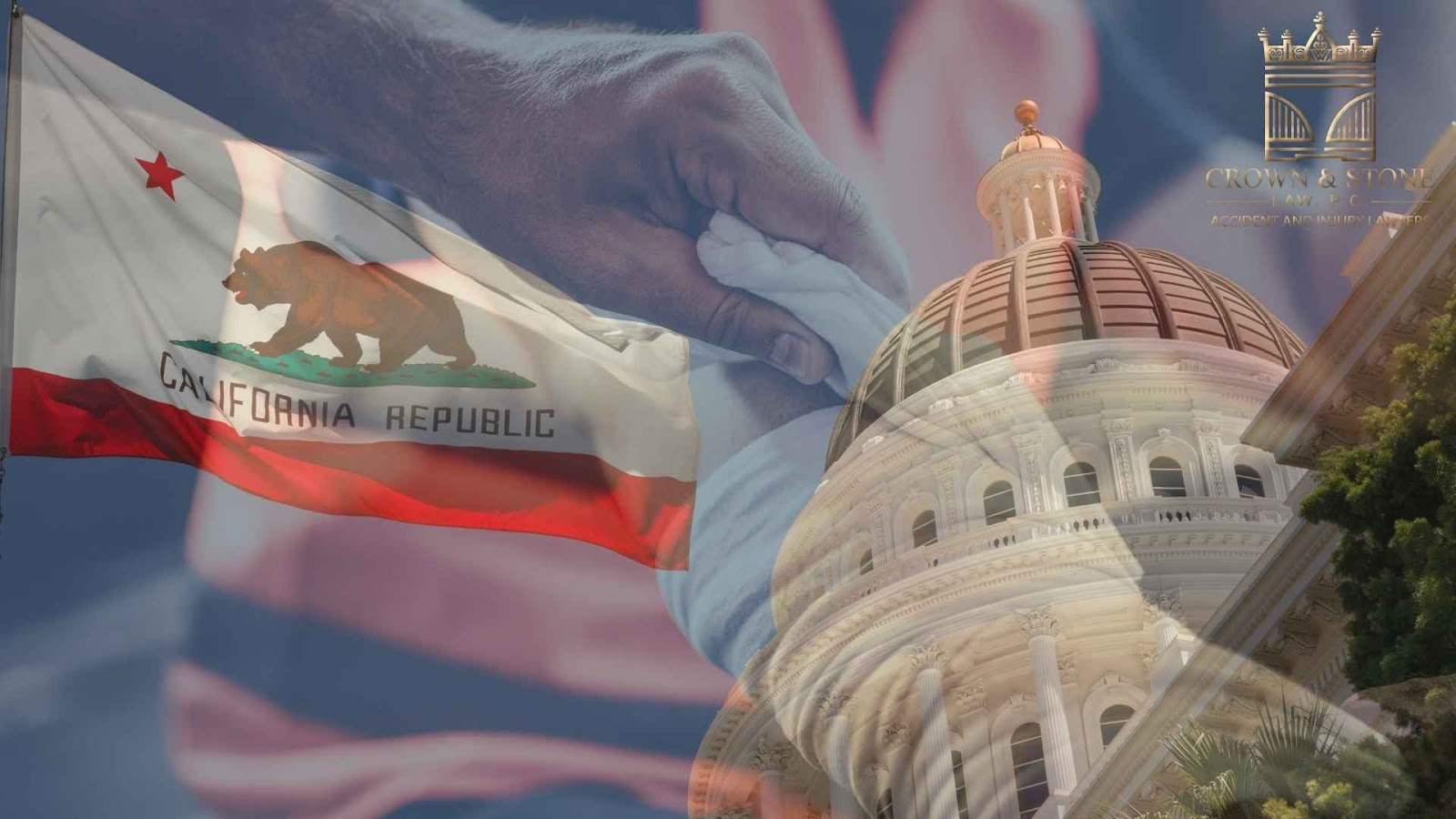 California flag and Capitol building, with a burn injury in the background