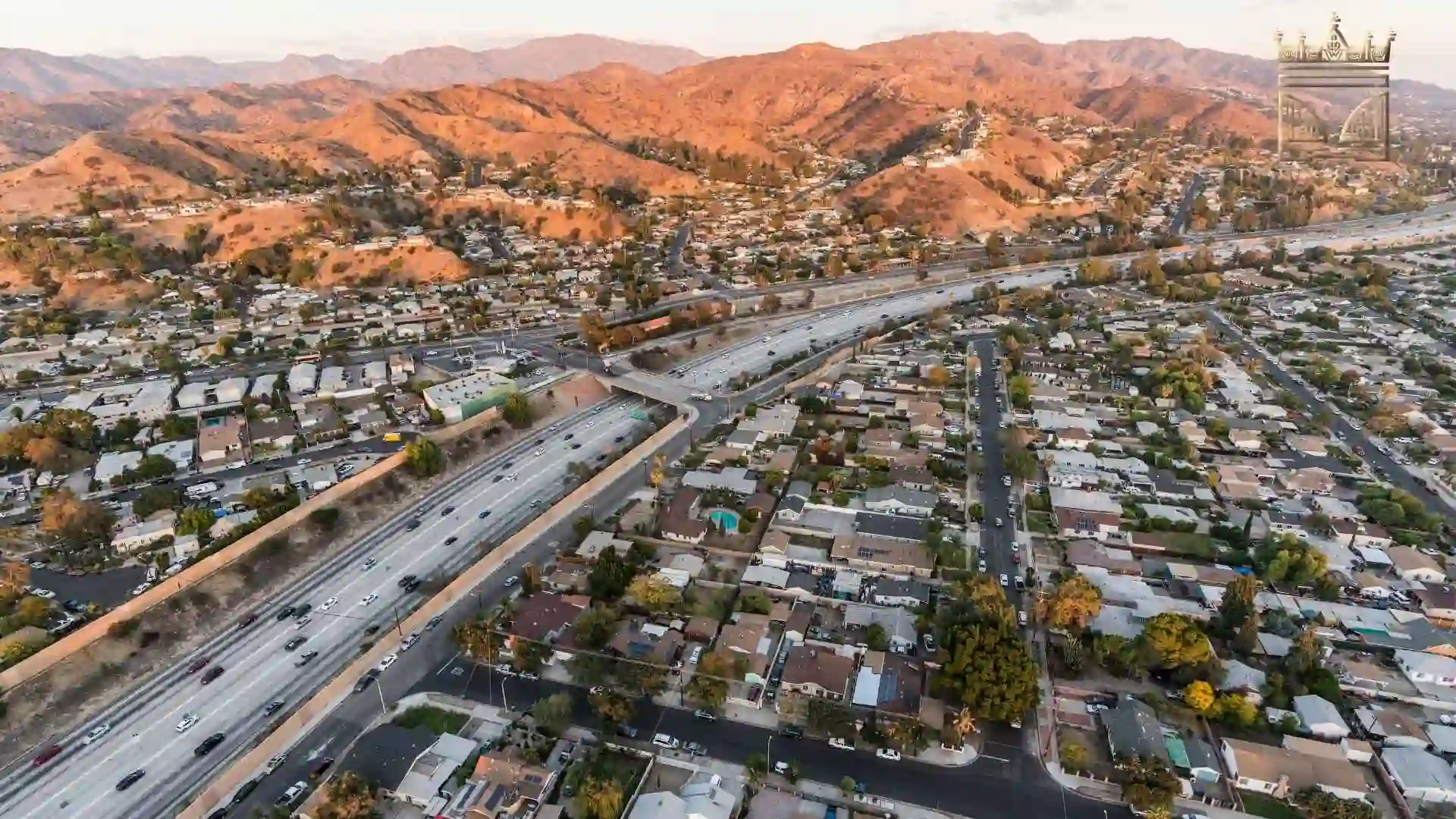 Aerial view of suburban neighborhood and highway in burbank CA