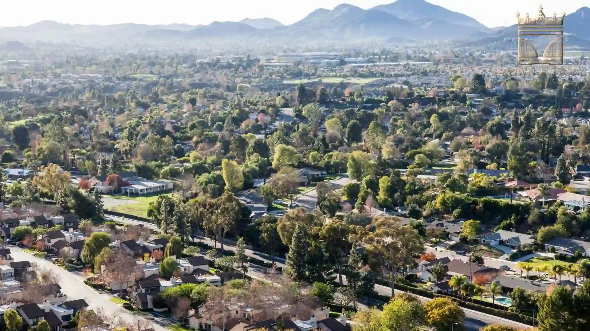 Aerial view of suburban neighborhood with mountains in thousand oaks