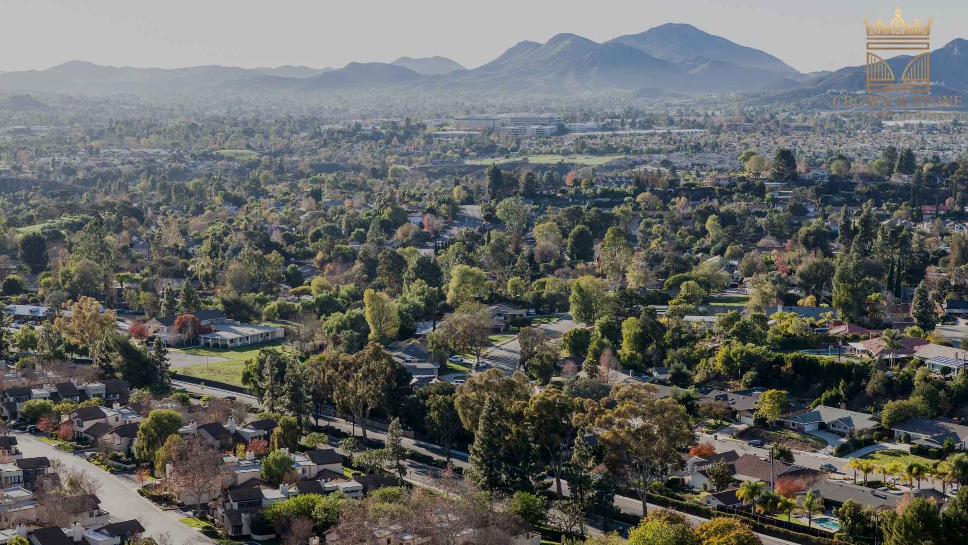 Aerial view of suburban neighborhood with mountains in thousand oaks california