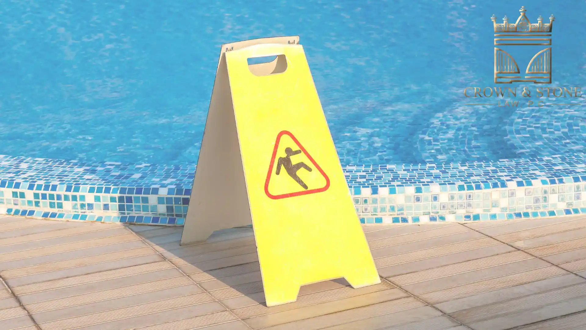 Wet floor caution sign near swimming pool
