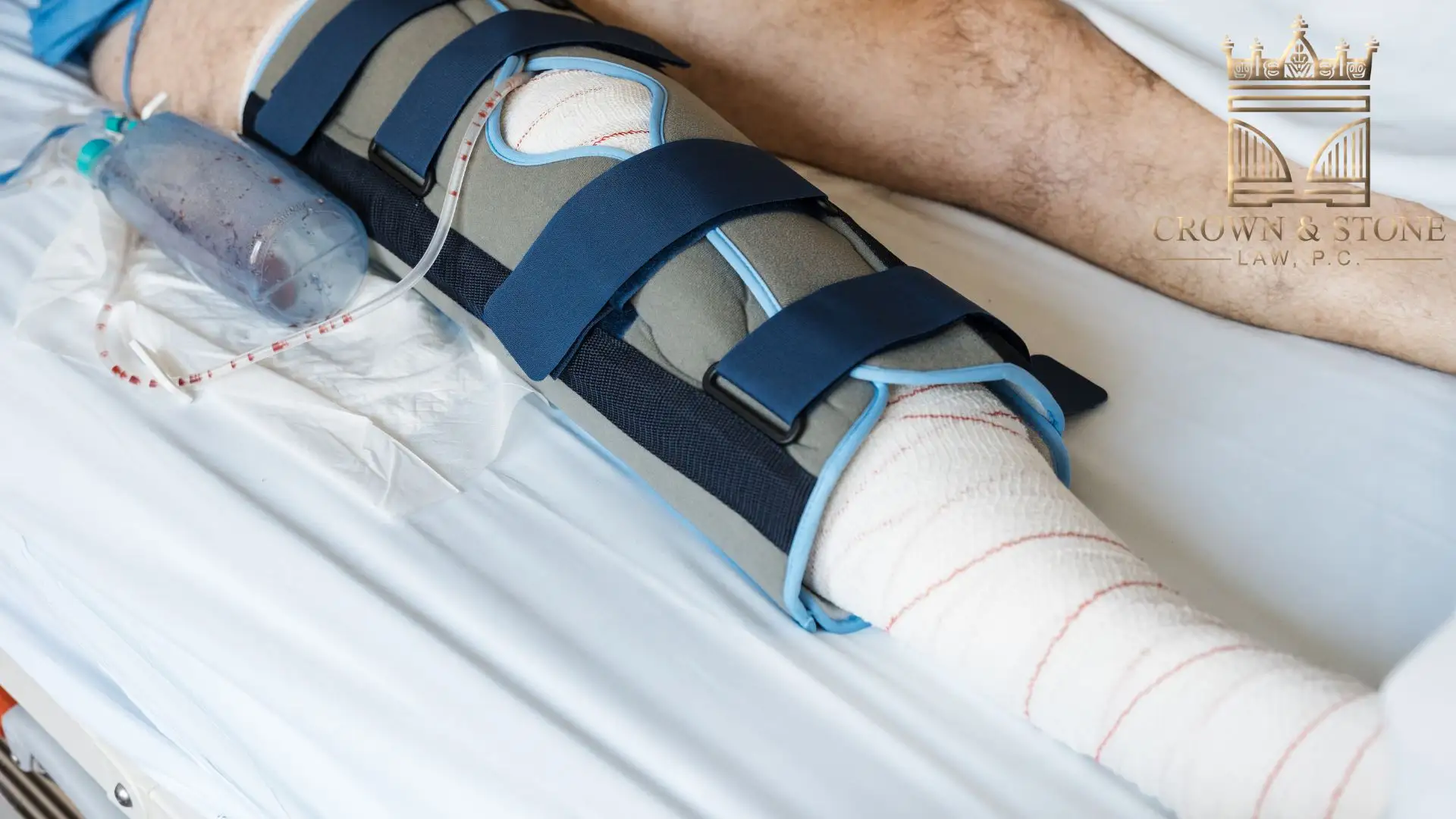 Leg in a medical brace on a bed