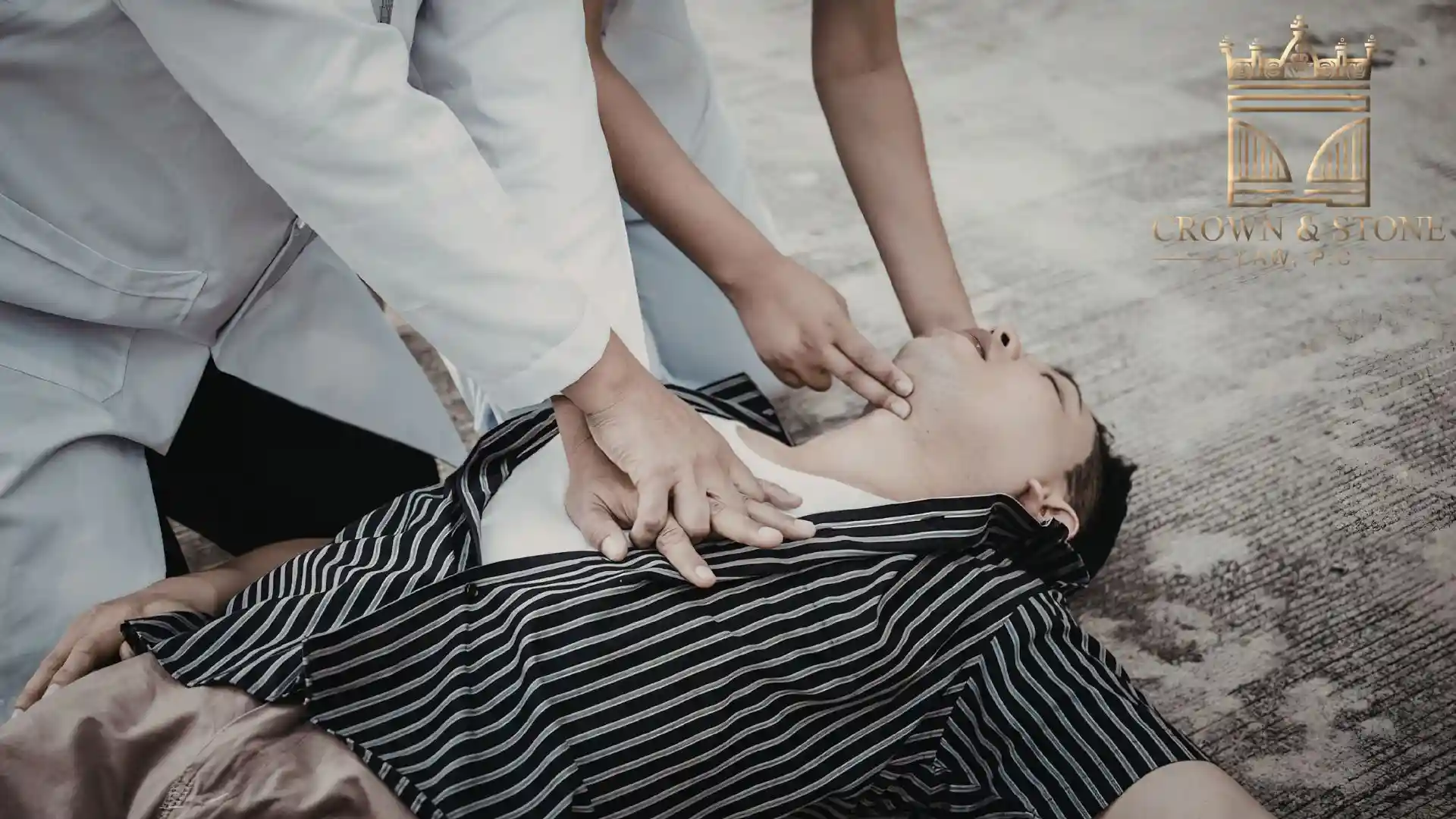 Performing CPR on unconscious person lying down