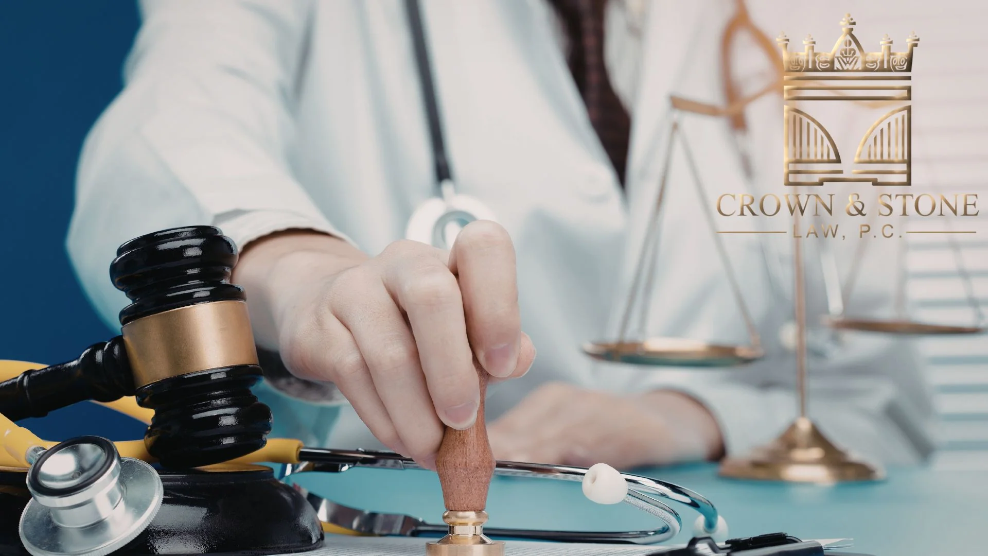 Doctor stamping document beside gavel and scales