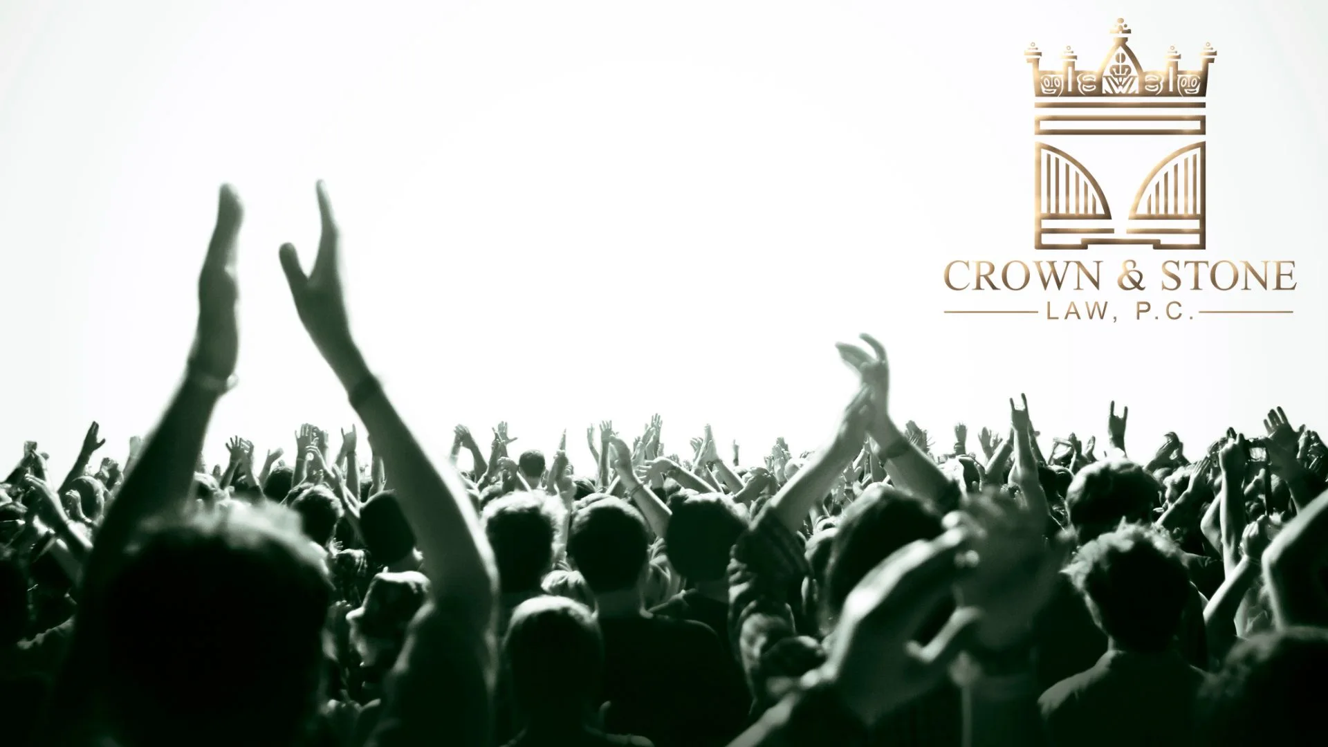 Crowd with raised hands and law firm logo