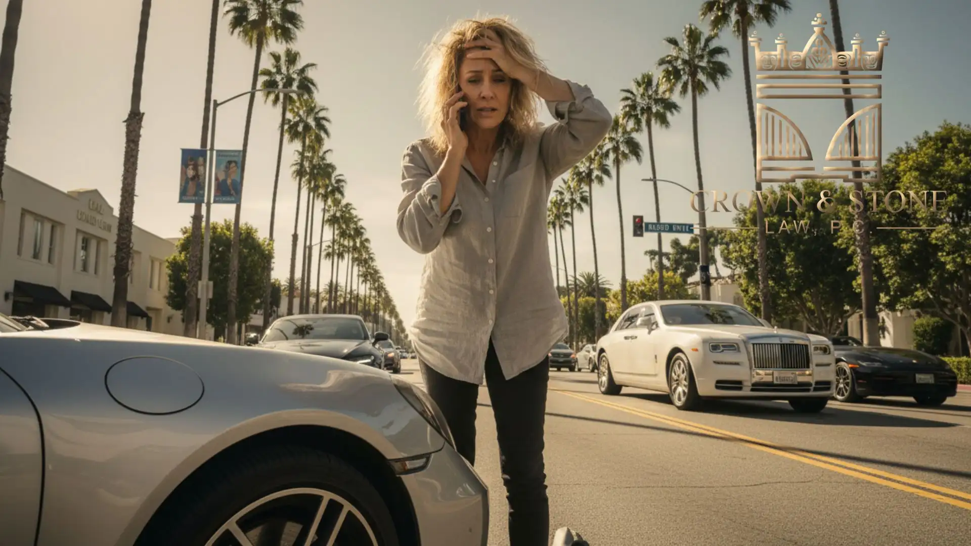 Distressed woman on phone after car accident