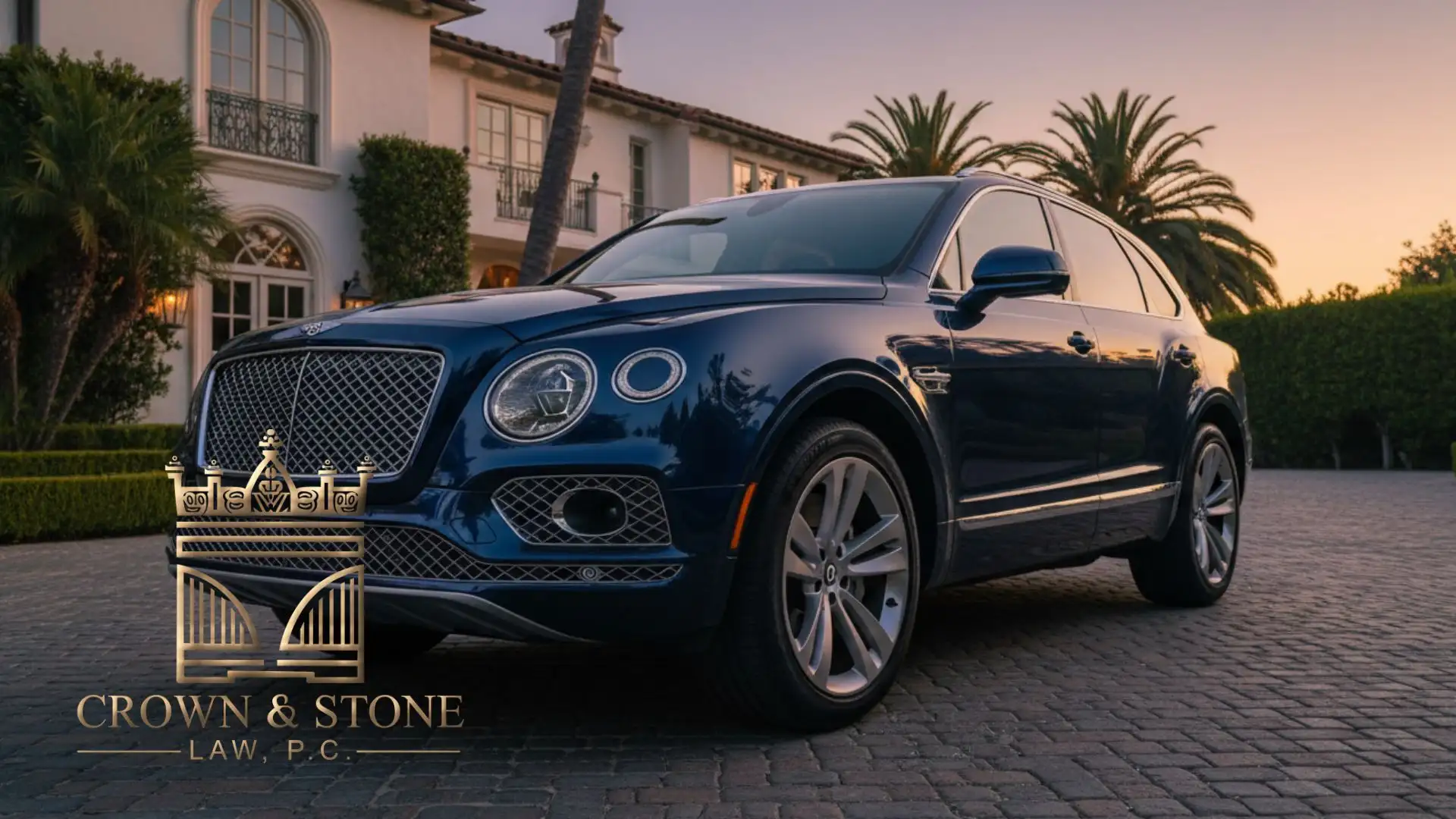 Blue Bentley SUV parked outside luxury mansion
