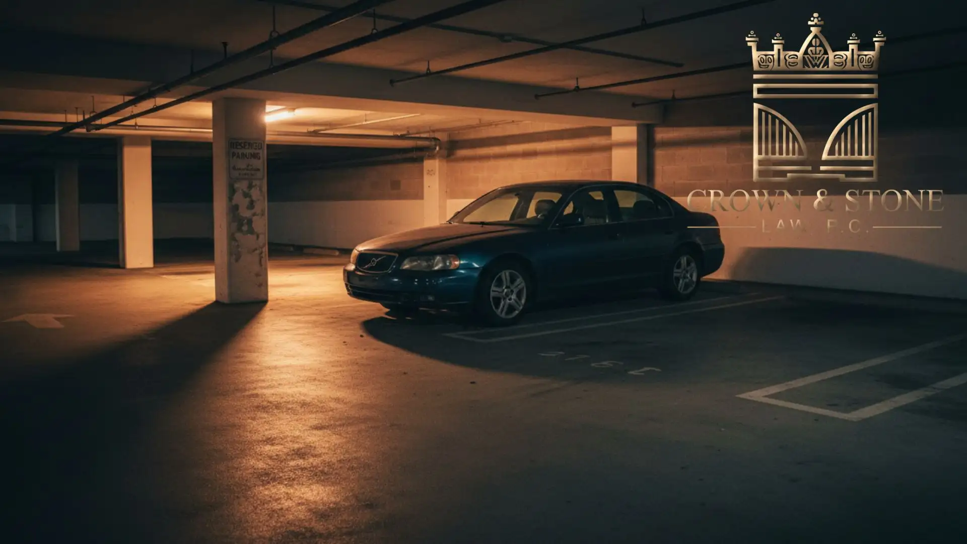 Sedan parked in dim underground garage