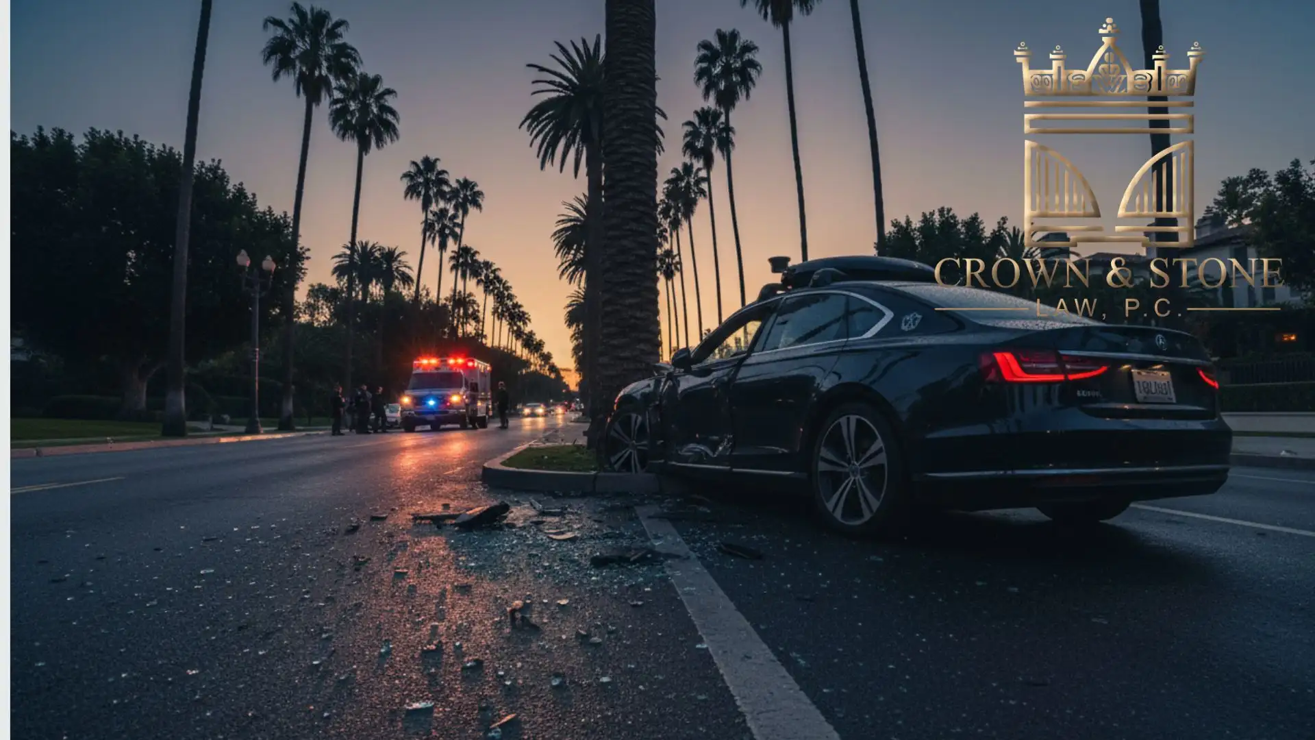 Autonomus car crashed into palm tree at dusk