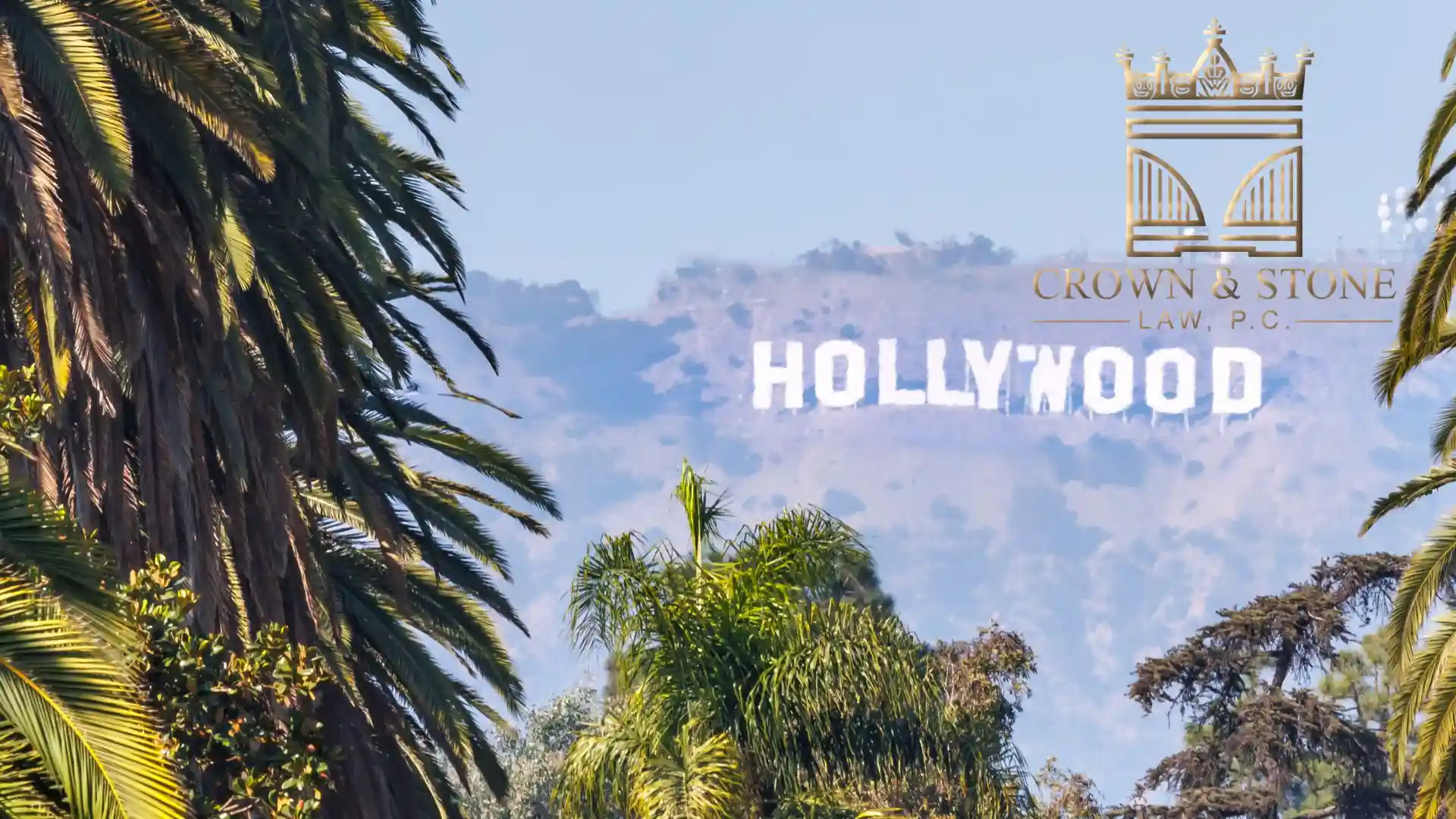 Hollywood sign behind palm trees, law firm logo