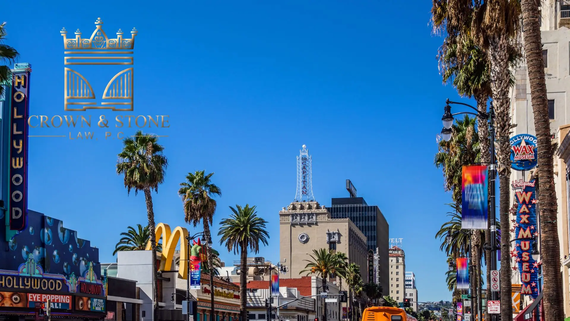 Hollywood Boulevard with palm trees and Wax Museum sign