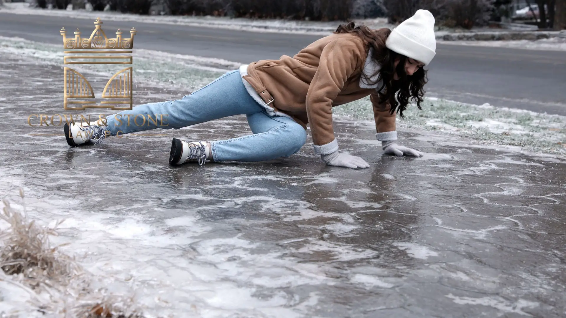 Woman slipped on icy sidewalk in winter