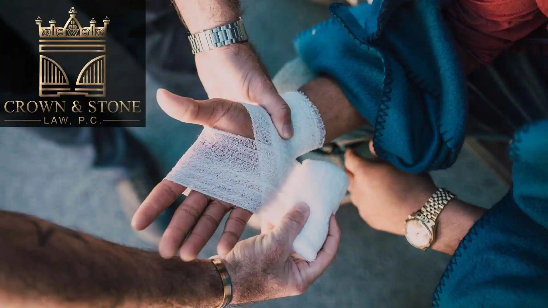 Responder bandages injured hand beside Crown & Stone Law logo