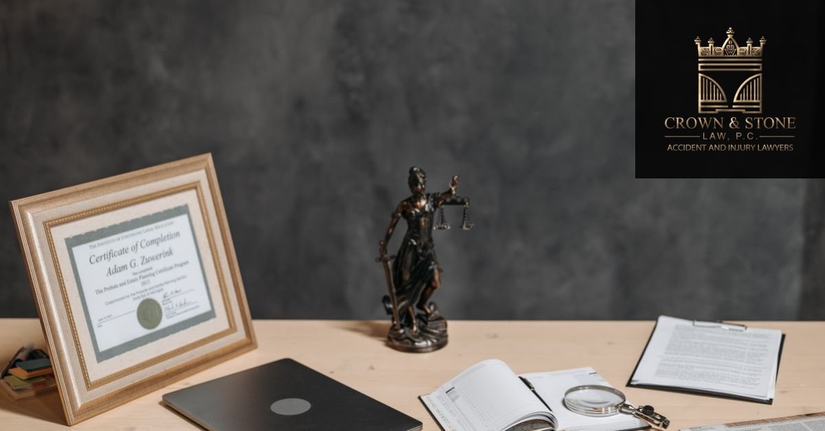 A desk with legal documents and a pen, representing a motorcycle accident without insurance claim in California. Branded with the Crown & Stone Law, P.C. logo.